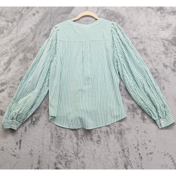 A New Day Top Womens M Green White Striped Balloon Long Sleeve Button-Down Femme - Picture 2 of 9
